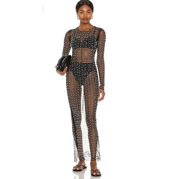 Beach Bunny Champagne Nights Pearl Mesh Maxi Dress Black Women's Size Small - Picture 2 of 9